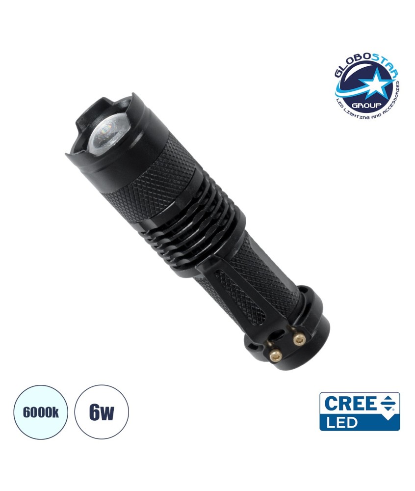 GloboStar® 79020 Φορητός Φακός Χειρός CREE LED 6W 480lm - Ψυχρό Λευκό 6000K - Φ2.5 x Υ9.2cm